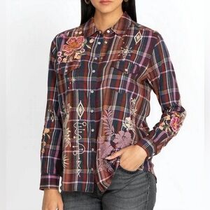 Johnny Was Colorful Embroidered Plaid Shirt
